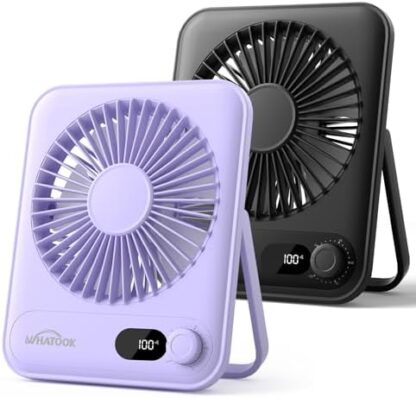 WHATOOK Small Desk Fan 2 Pack 2000mAh Rechargeable Ultra Quiet 1-100 Speeds Portable Mini USB Fans with LED Display, 3-10H Runtime, Child-Safe Grille for Desktop Table Home, Office & Travel