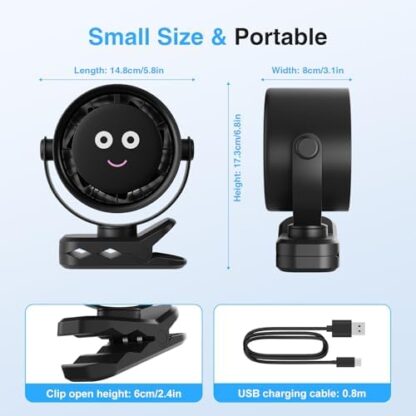 HiLUNDA USB Small Desk Fan - 4000 mAh Portable Fans with LED Display, 5-Speed Speed Control can Rotated Horizontally and Vertically by 360°, Hanging Clip-on Rechargeable Fan - Image 2
