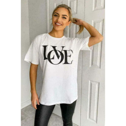 Ladies Oversized Love Print Slogan Short Sleeves T Shirt Top - Image 2