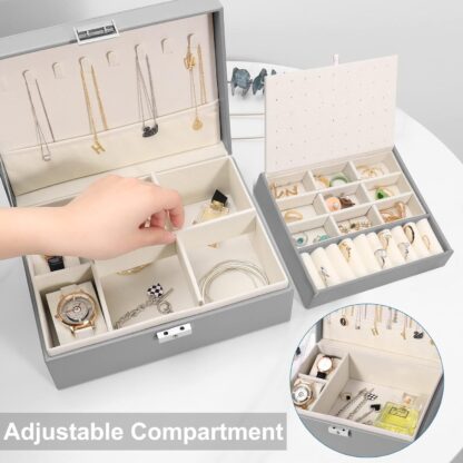 2 Layer Grey Jewellery Box Organizer Rings Necklaces Jewellry Storage Case Box - Image 7