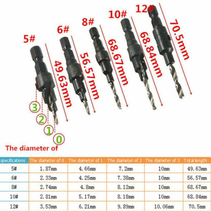 6PCS HSS Countersink Drill Bit Set Hex Shank Woodworking Pilot Screw Holes - Image 10