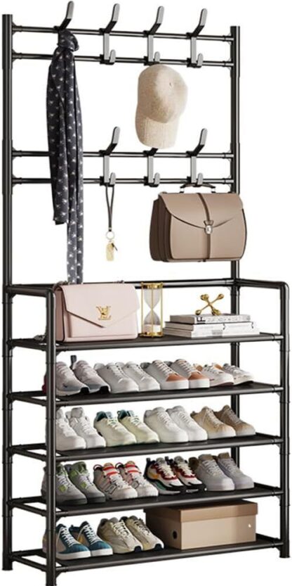 New Coat And Hat Stand 8 Hooks Metal Shoe Rack 5 Tiers Shelf Hanger Black - Image 7