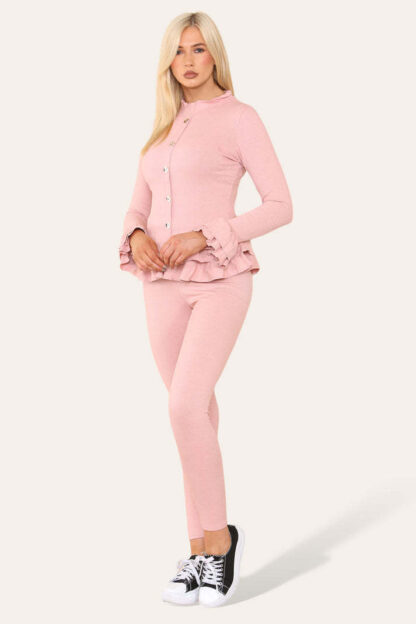 Long Sleeves Peplum Front Buttons Frilled Hem Lounge Wear Set - Image 8