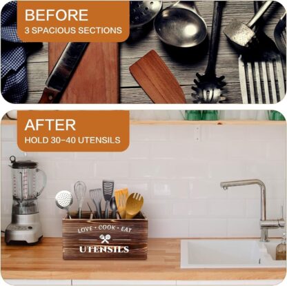1pc Flatware Organizer, Rustic Wooden 3-grid Utensil Caddy, Wall-mounted Flatwar - Image 4