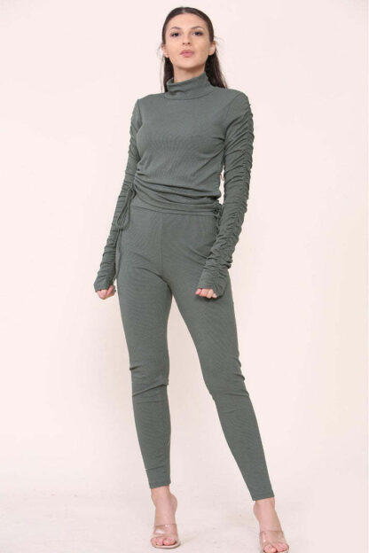 High Neck Ruched Side Arm Solid Drawstrings Ribbed Tee And Leggings Set - Image 4