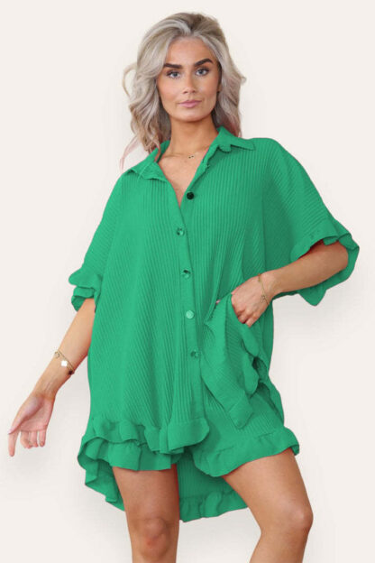 Women Casual Oversized Gold Button Pleated Frilled Ruffle Short Sleeves Shirt Top And Short Co Ord Set - Image 9