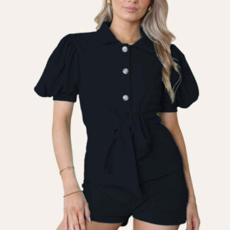 Tie Belt Button Shorts Set