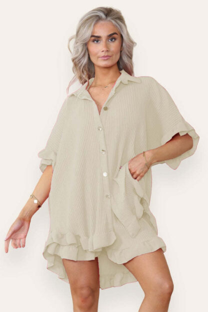 Women Casual Oversized Gold Button Pleated Frilled Ruffle Short Sleeves Shirt Top And Short Co Ord Set - Image 3