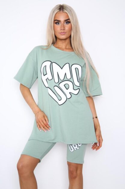Cycling Short And T-Shirts Co-Ord Two Piece Side Slit Set With Front Printed Slogan - Image 7