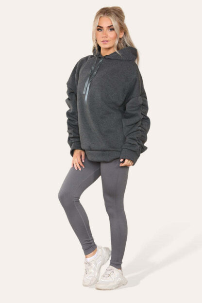 Oversized Ruched Sleeves Hoodie With Satin Ribbon With High Waist High Rise Seamless Ribbed Legging Set - Image 2