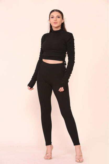 High Neck Ruched Side Arm Solid Drawstrings Ribbed Tee And Leggings Set - Image 5