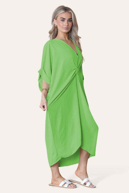 Womens V-Neck Tie Knotted Twisted Front Oversized Longline Midi Dress - Image 3