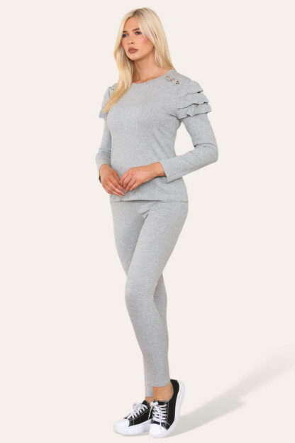 Frilled Sleeves Set Shoulder Golden Button Lounge Wear Suit - Image 5