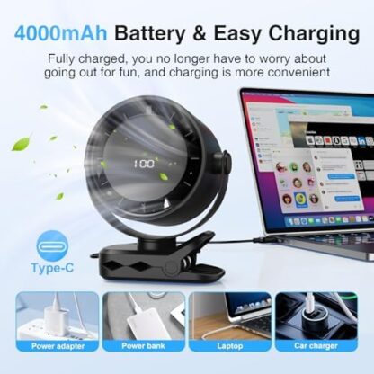 HiLUNDA USB Small Desk Fan - 4000 mAh Portable Fans with LED Display, 5-Speed Speed Control can Rotated Horizontally and Vertically by 360°, Hanging Clip-on Rechargeable Fan - Image 6