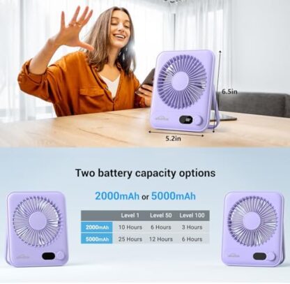 WHATOOK Small Desk Fan 2 Pack 2000mAh Rechargeable Ultra Quiet 1-100 Speeds Portable Mini USB Fans with LED Display, 3-10H Runtime, Child-Safe Grille for Desktop Table Home, Office & Travel - Image 7