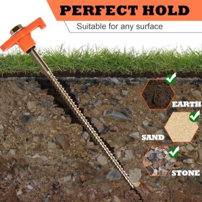 OFFOF 12 Pack Heavy Duty Metal Tent Pegs – Rotating Rock Pegs with Thread, Ground Anchors for Camping, Includes Drill Adapter & Nail Puller, Durable Steel Stakes for Garden, Canopies & Outdoor(orange) - Image 3