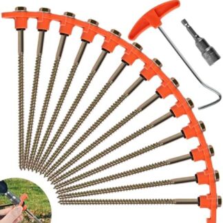OFFOF 12 Pack Heavy Duty Metal Tent Pegs – Rotating Rock Pegs with Thread, Ground Anchors for Camping, Includes Drill Adapter & Nail Puller, Durable Steel Stakes for Garden, Canopies & Outdoor(orange)