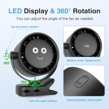 HiLUNDA USB Small Desk Fan - 4000 mAh Portable Fans with LED Display, 5-Speed Speed Control can Rotated Horizontally and Vertically by 360°, Hanging Clip-on Rechargeable Fan - Image 5