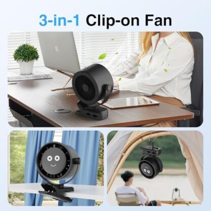 HiLUNDA USB Small Desk Fan - 4000 mAh Portable Fans with LED Display, 5-Speed Speed Control can Rotated Horizontally and Vertically by 360°, Hanging Clip-on Rechargeable Fan - Image 3