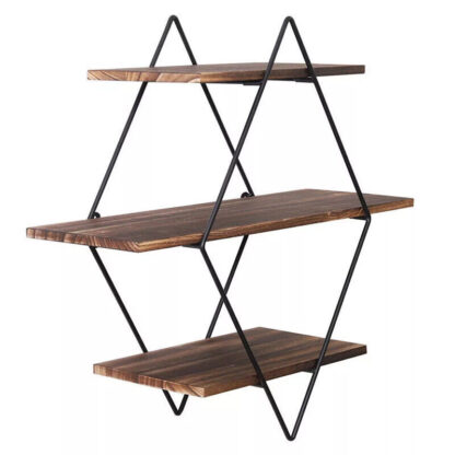 3 Tiered Floating Wall Mounted Display Shelf Wooden Shelves Black Frame Shelving - Image 9
