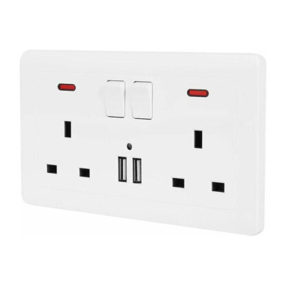 Double Wall Plug Socket 2 Gang 13A W 2 Charger USB Outlets Flat  UK - Image 10