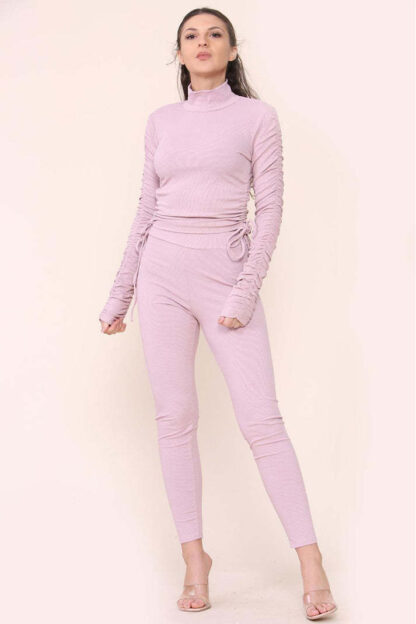 High Neck Ruched Side Arm Solid Drawstrings Ribbed Tee And Leggings Set - Image 3