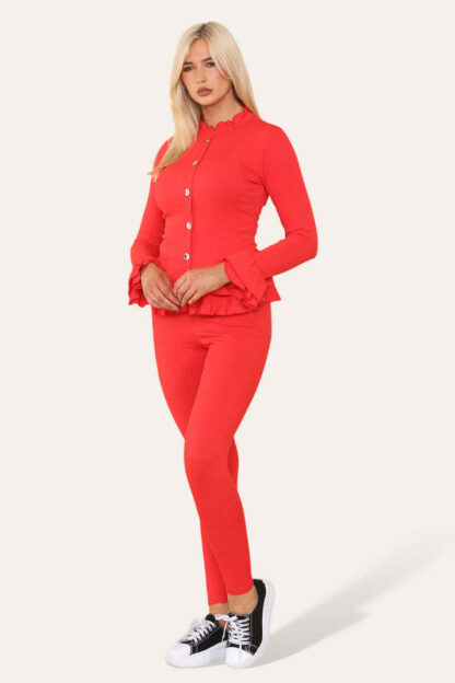 Long Sleeves Peplum Front Buttons Frilled Hem Lounge Wear Set - Image 6