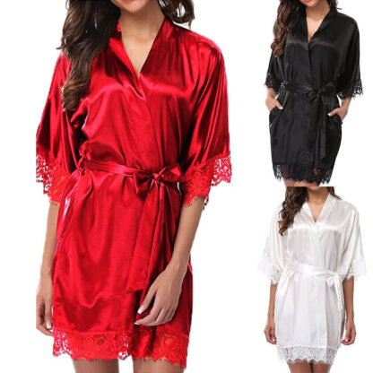 UK Satin Robe Wedding Bride Bridesmaid Kimono Dressing Gown Sleepwear Bathrobe - Image 4