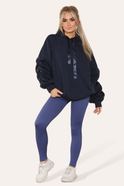Oversized Ruched Sleeves Hoodie With Satin Ribbon With High Waist High Rise Seamless Ribbed Legging Set - Image 6