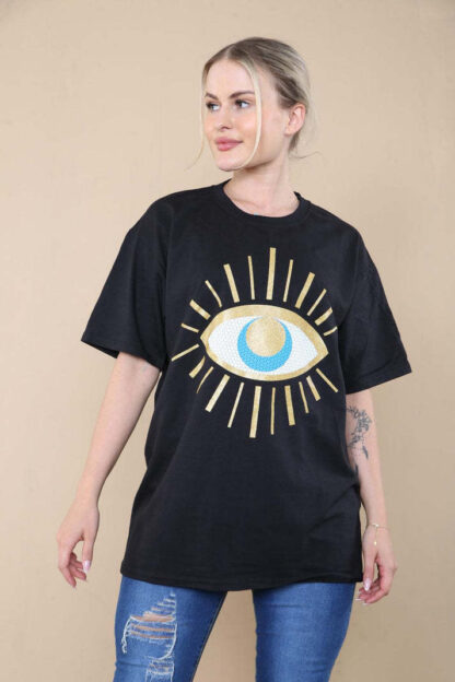 Ladies Oversized Sequin Eye Printed Short Sleeves T Shirt Top - Image 2