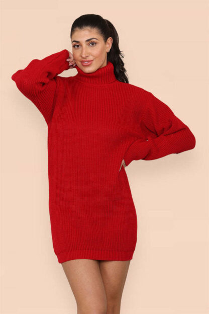 Polo Roll Neck Over Sized Ribbed Knitted Florescent Chunky Sweater Jumper Dress - Image 2