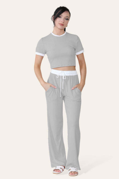 Ribbed Contrast Wide Leg Flared Trousers And Top Loungewear TRS Cropped Set - Image 6