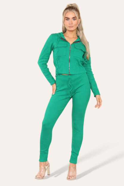 Front Pocket Zip Suit Ribbed Hooded Lounge Wear Set - Image 2