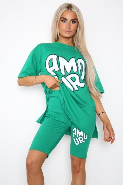 Cycling Short And T-Shirts Co-Ord Two Piece Side Slit Set With Front Printed Slogan - Image 8