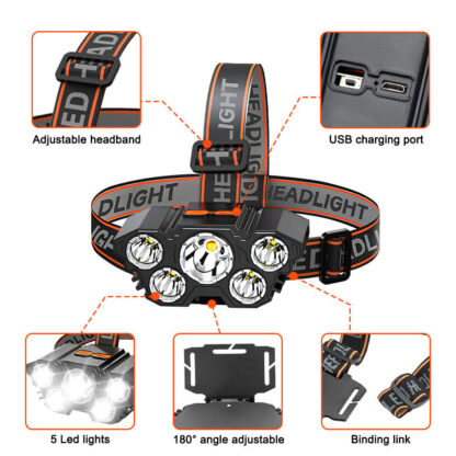 USB  LED Headlamp Rechargeable LED Lamp Headlight Head Torch Cable Light - Image 6