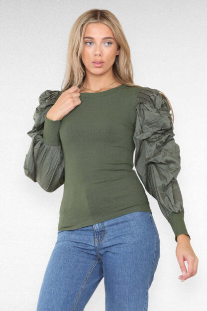 Oversized Puff Sleeves Ribbed Top - Image 5