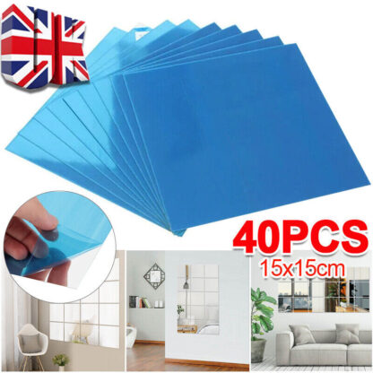 40X Glass Mirror Tiles Wall Sticker Square Self Adhesive Stick On Home Set DIY S - Image 7