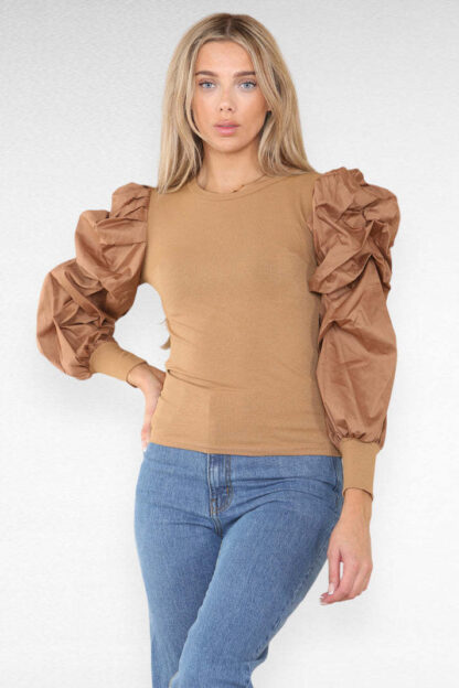 Oversized Puff Sleeves Ribbed Top - Image 3