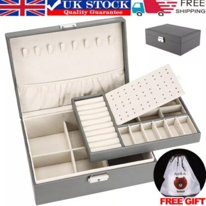 2 Layer Grey Jewellery Box Organizer Rings Necklaces Jewellry Storage Case Box - Image 4