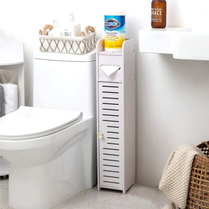 Wooden White Free Standing Toilet Paper Roll Holder Bathroom Storage Cabinet UK - Image 9