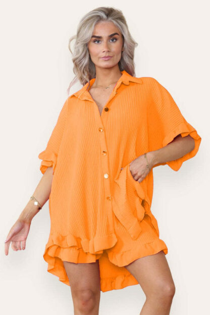 Women Casual Oversized Gold Button Pleated Frilled Ruffle Short Sleeves Shirt Top And Short Co Ord Set - Image 4