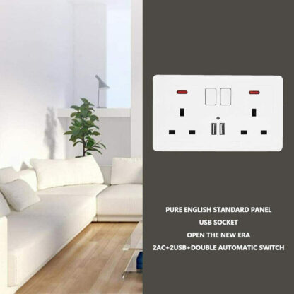Double Wall Plug Socket 2 Gang 13A W 2 Charger USB  Outlets Flat Plate UK - Image 2
