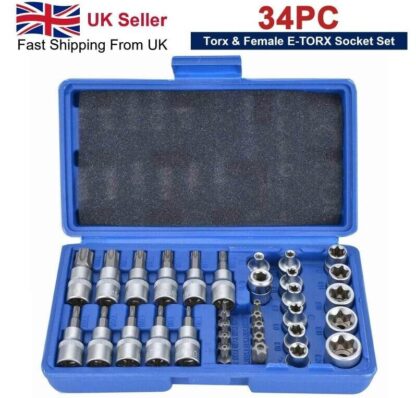 34Pcs Torx Torque Tork Star Bits Drive Male Female 3-8 Chrome Sockets Set Tool - Image 8