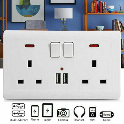 Double Wall Plug Socket 2 Gang 13A W 2 Charger USB Outlets Flat  UK - Image 2