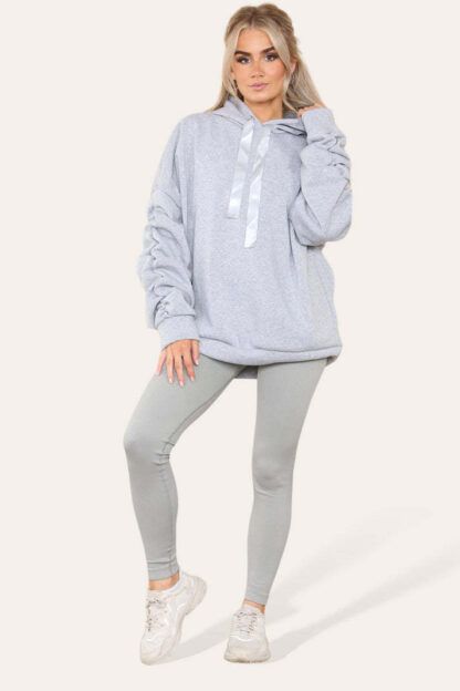 Oversized Ruched Sleeves Hoodie With Satin Ribbon With High Waist High Rise Seamless Ribbed Legging Set - Image 8