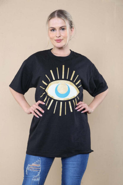 Ladies Oversized Sequin Eye Printed Short Sleeves T Shirt Top - Image 3