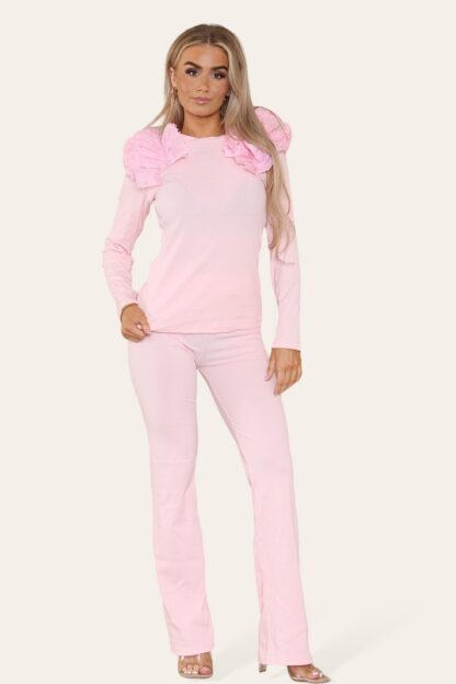 Ruffle Frill Shoulder Ribbed Loungewear Co-Ord Top & Trouser Set - Image 7