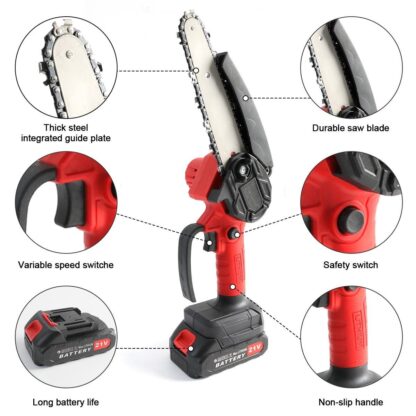 2 Batteries  4000W Mini Cordless Chainsaw Electric One-Hand Saw Wood Cutter - Image 3