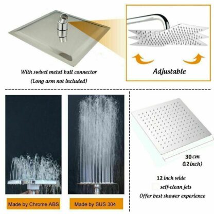 12   Large Square Shower Head Chrome Stainless Steel Rainfall Overhead Bathroom - Image 4