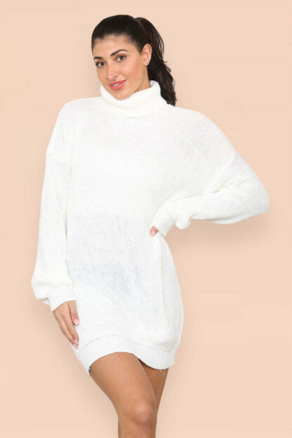 Polo Roll Neck Over Sized Ribbed Knitted Florescent Chunky Sweater Jumper Dress - Image 3